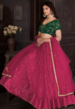 Embroidered Net Lehenga in Magenta