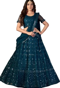 Embroidered Net Lehenga in Teal Blue