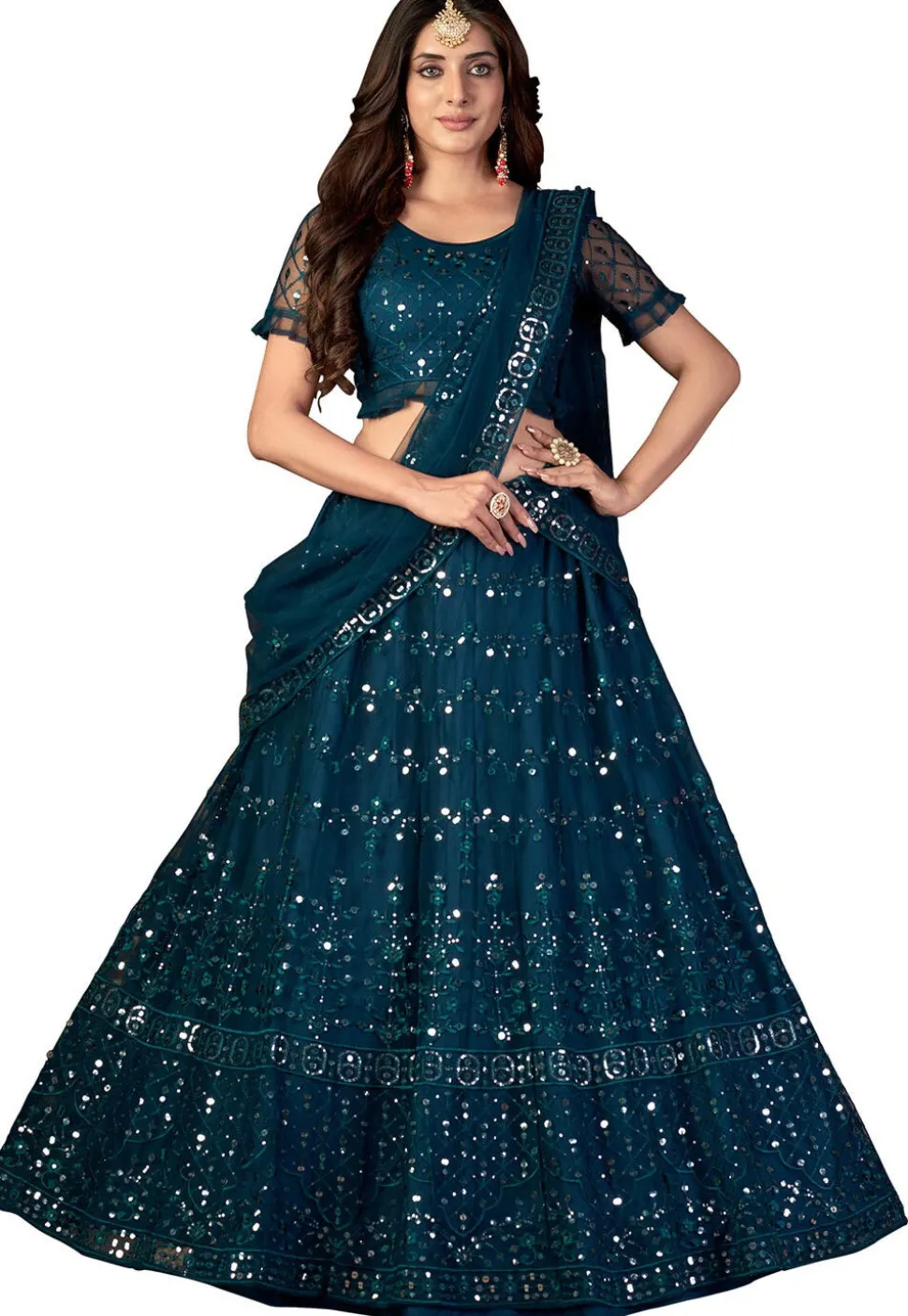 Embroidered Net Lehenga in Teal Blue