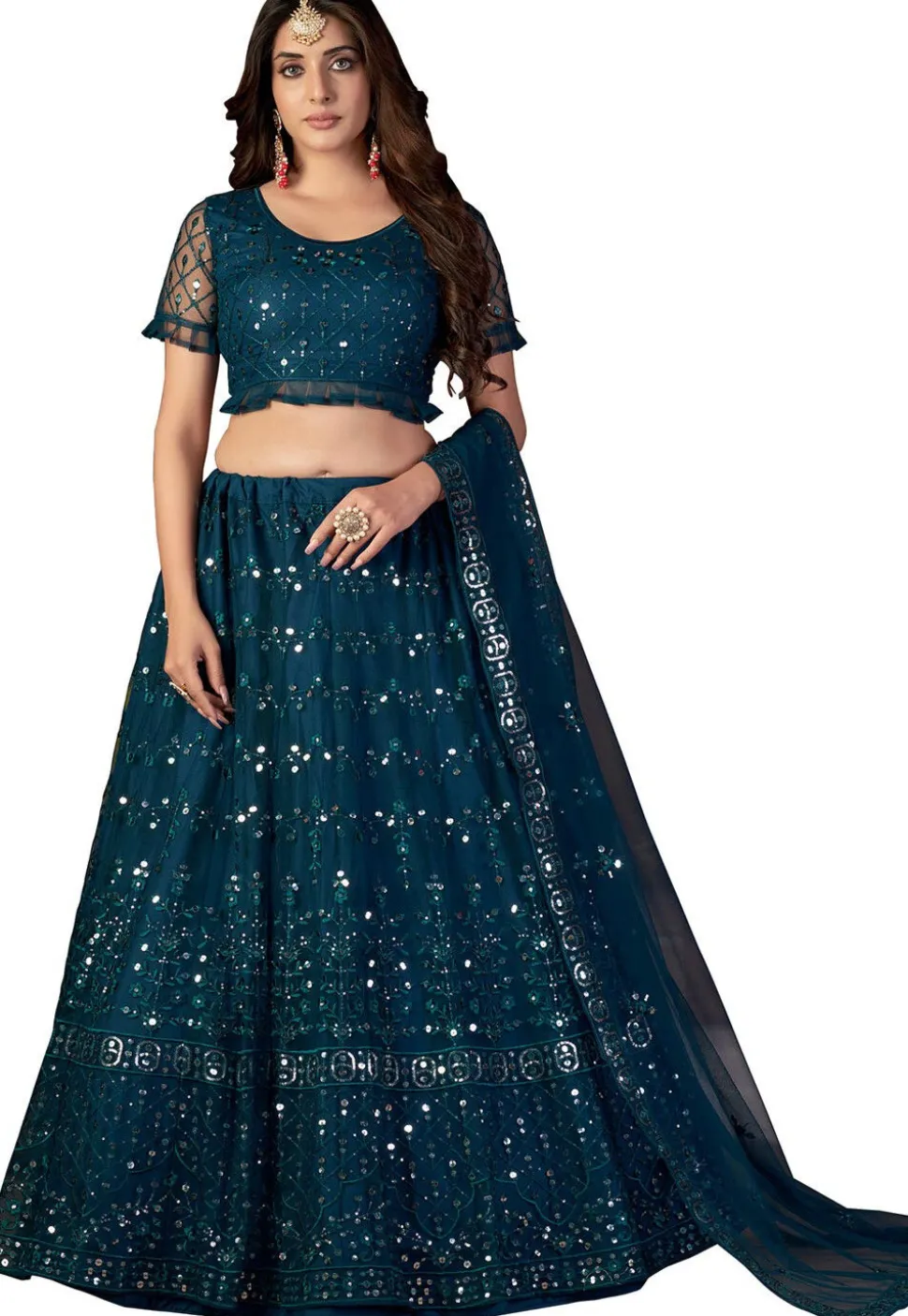 Embroidered Net Lehenga in Teal Blue