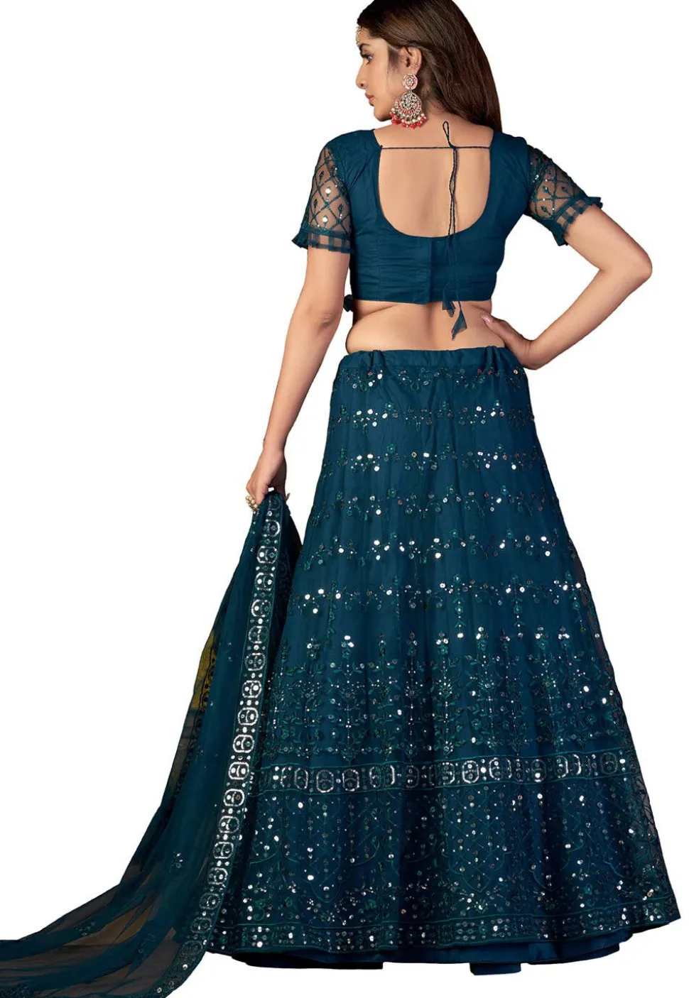 Embroidered Net Lehenga in Teal Blue