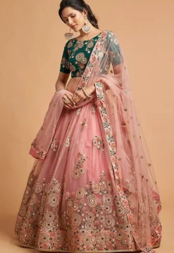 Embroidered Net Lehenga in Pink