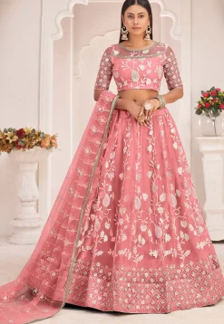 Embroidered Net Lehenga in Peach