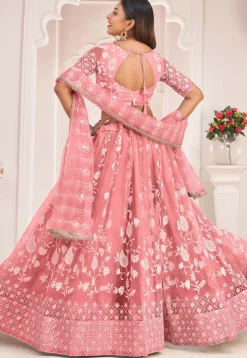 Embroidered Net Lehenga in Peach