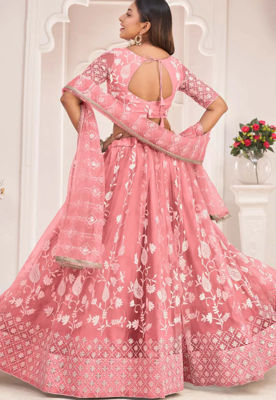 Embroidered Net Lehenga in Peach
