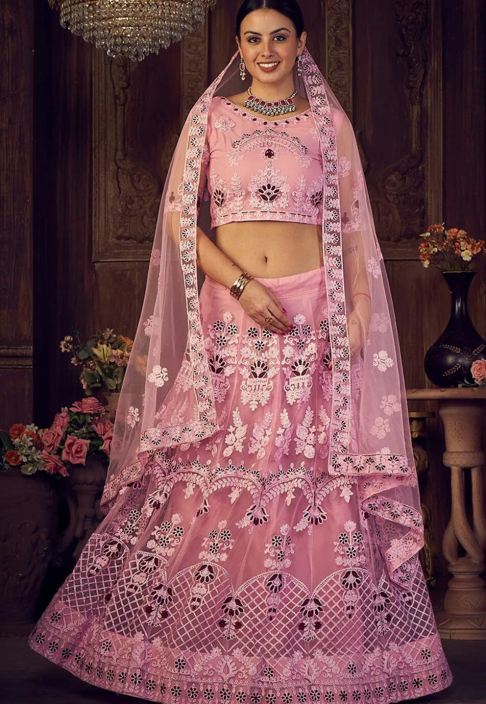 Embroidered Net Lehenga in Light Pink