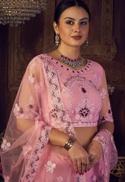 Embroidered Net Lehenga in Light Pink