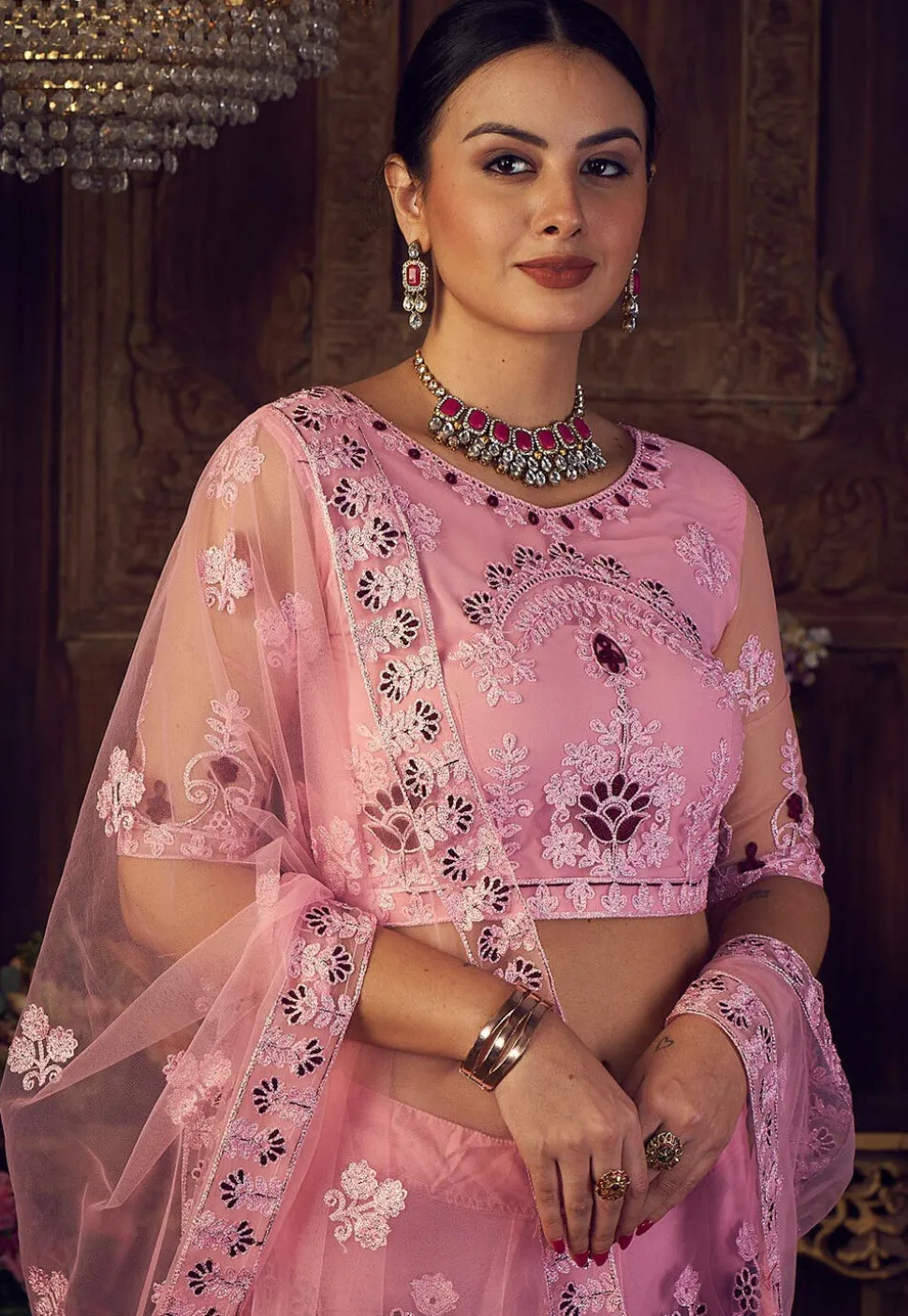 Embroidered Net Lehenga in Light Pink