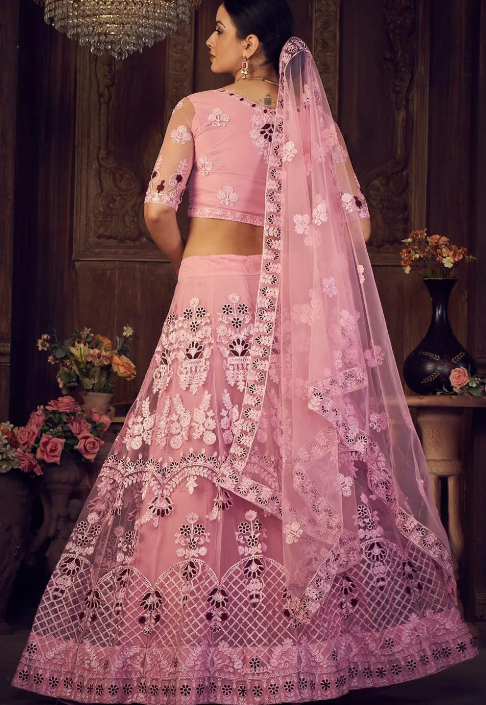 Embroidered Net Lehenga in Light Pink