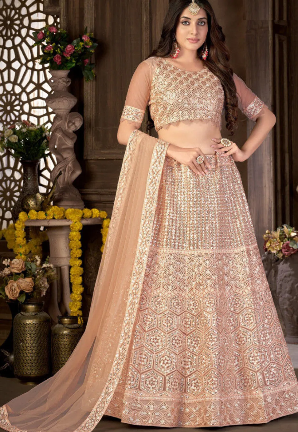 Embroidered Net Lehenga in Peach