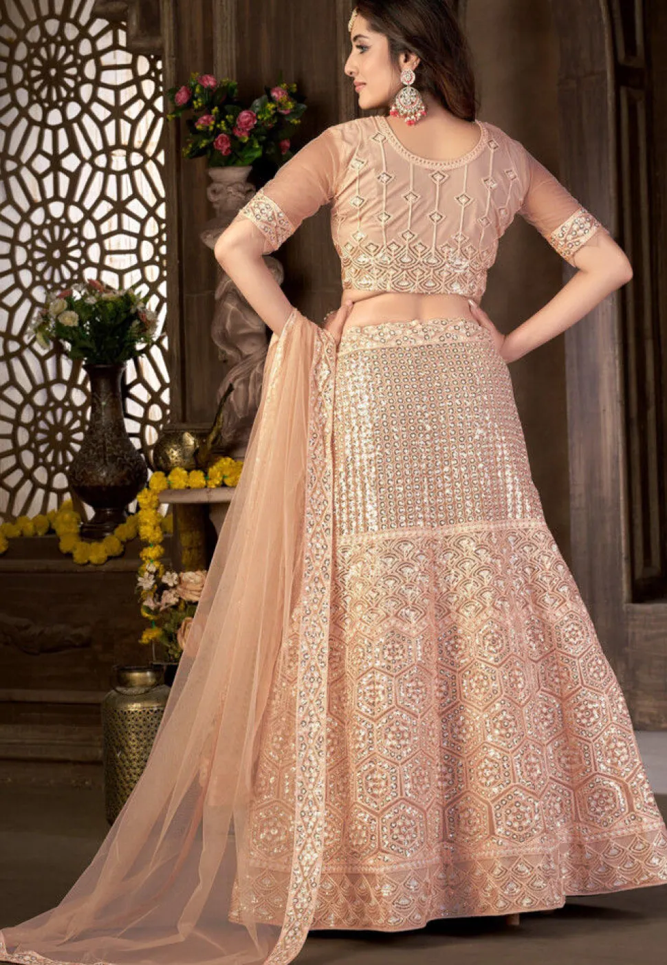Embroidered Net Lehenga in Peach