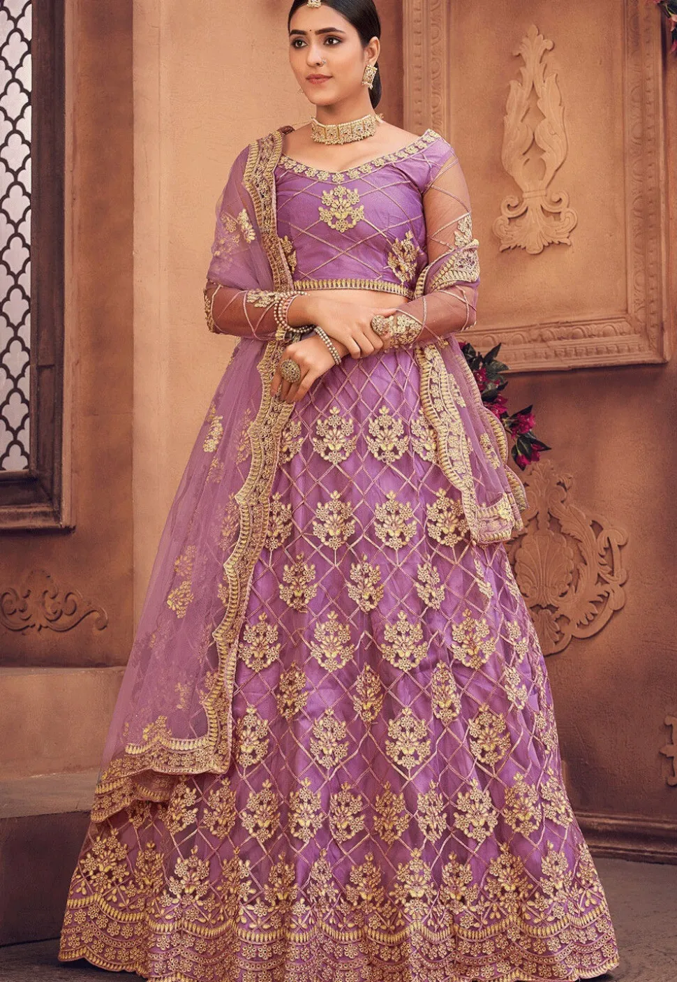 Embroidered Net Lehenga in Light Purple