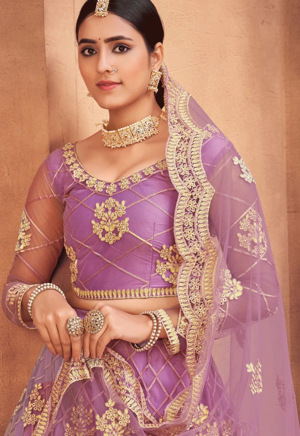 Embroidered Net Lehenga in Light Purple