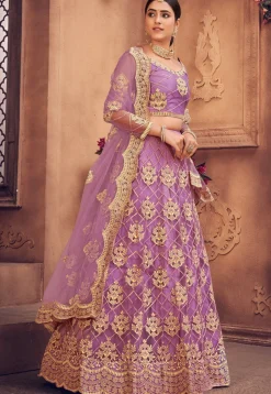 Embroidered Net Lehenga in Light Purple