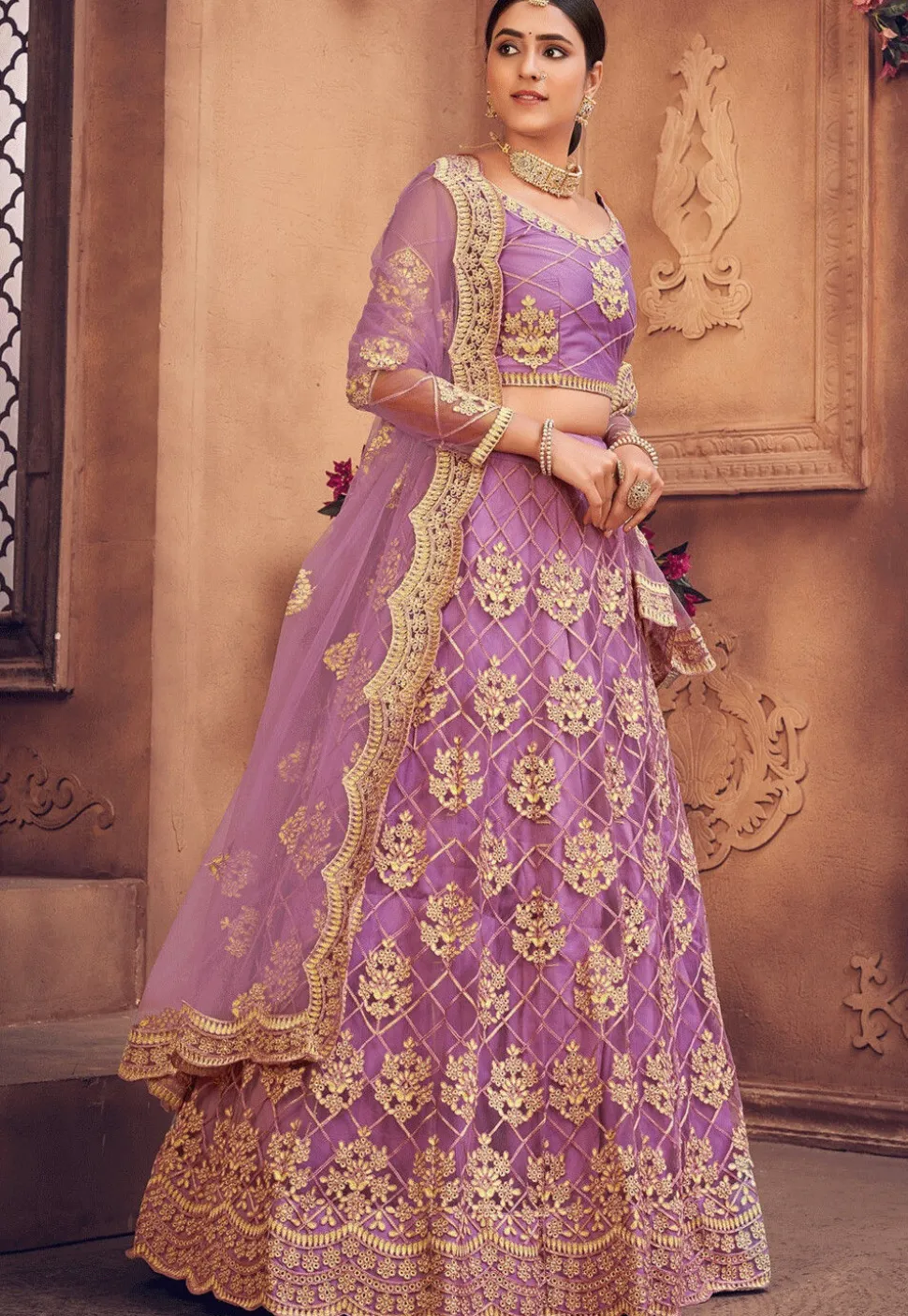 Embroidered Net Lehenga in Light Purple