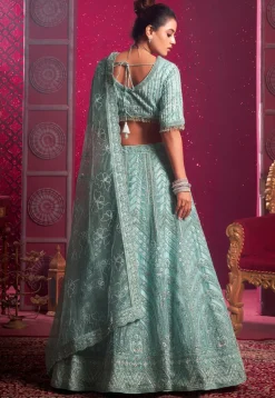Embroidered Net Lehenga in Sky Blue