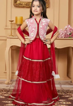 Embroidered Net Lehenga in Maroon