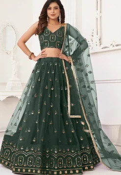 Embroidered Net Lehenga in Dark Green