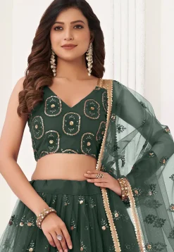 Embroidered Net Lehenga in Dark Green