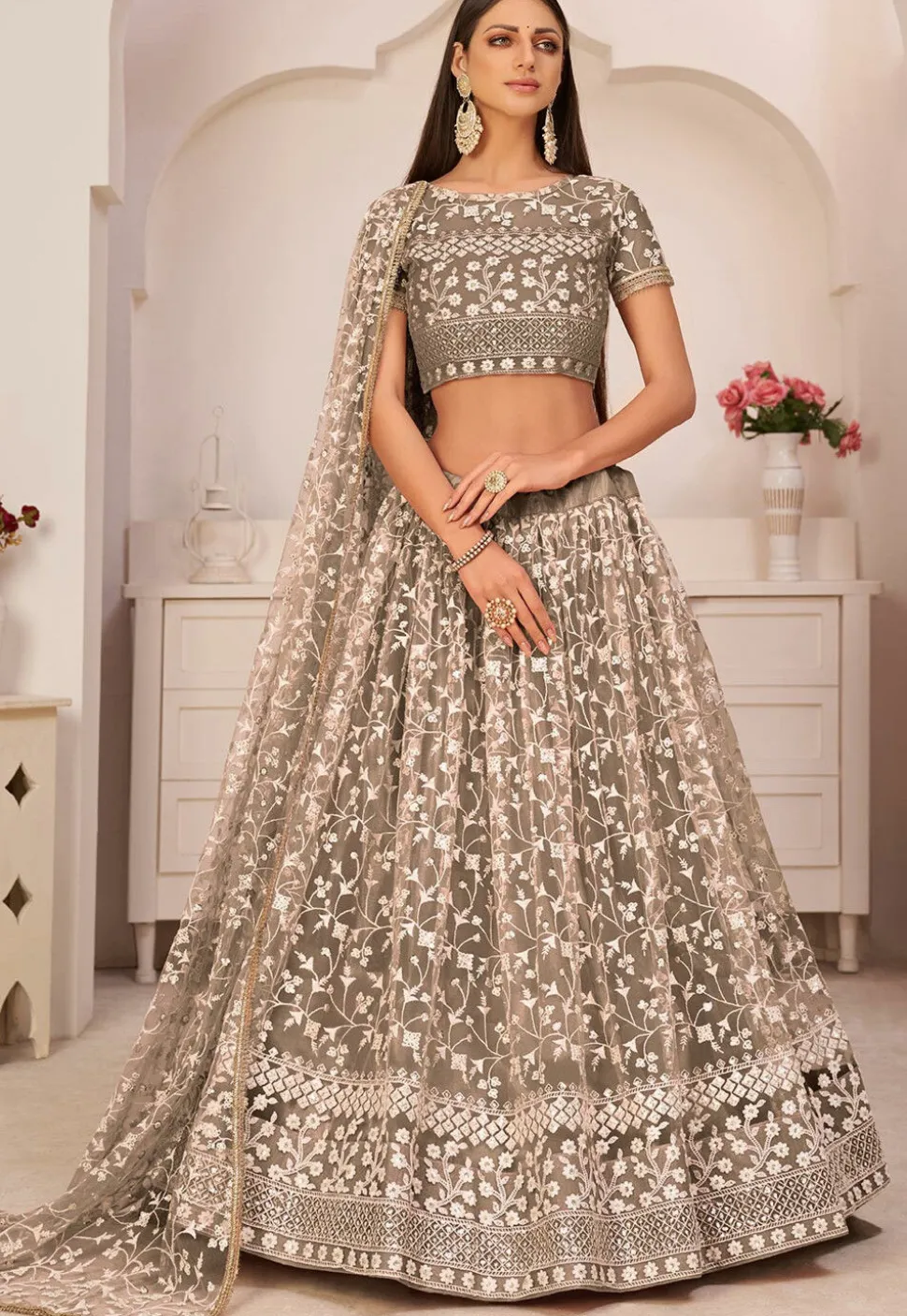 Embroidered Net Lehenga in Beige