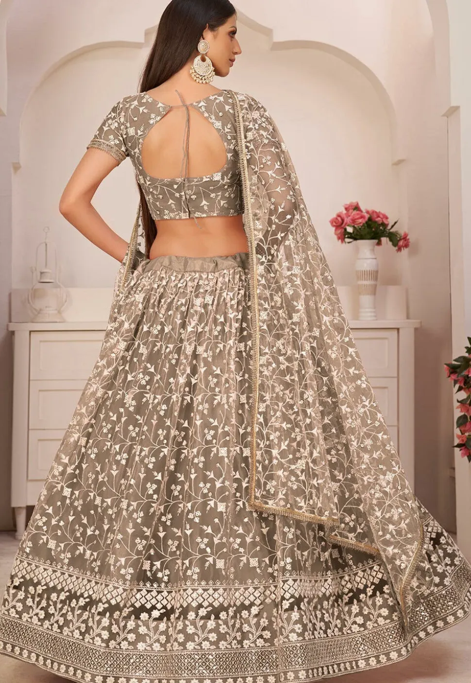 Embroidered Net Lehenga in Beige