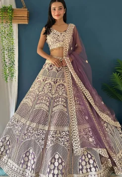 Embroidered Net Lehenga in Purple