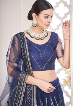 Embroidered Net Lehenga in Navy Blue