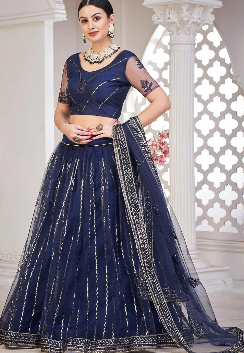 Embroidered Net Lehenga in Navy Blue