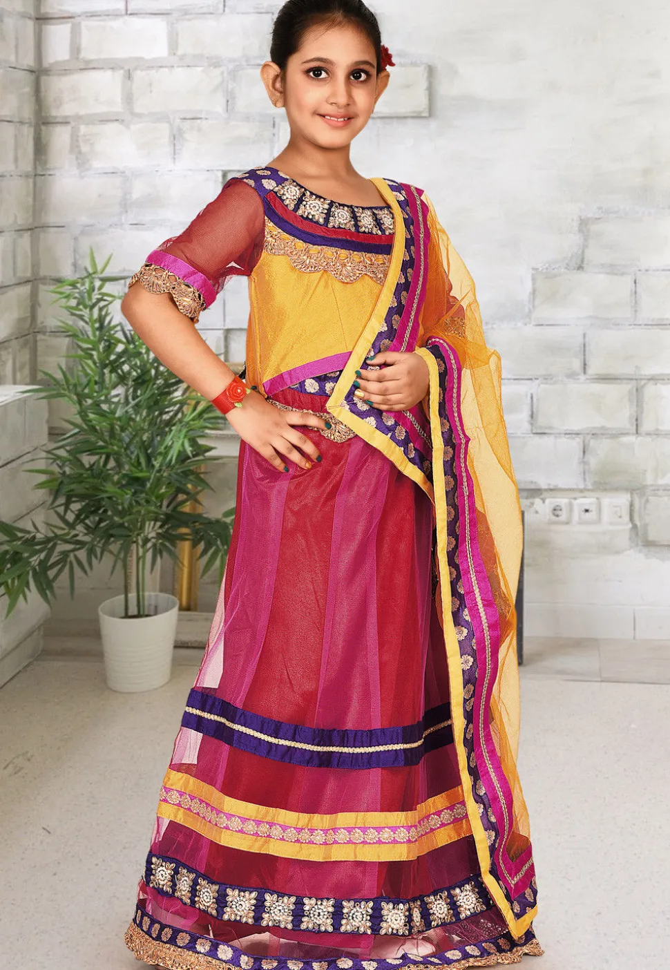 Embroidered Net Lehenga in Red and Pink