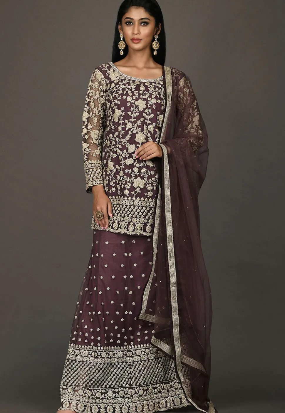 Embroidered Net Lehenga in Wine
