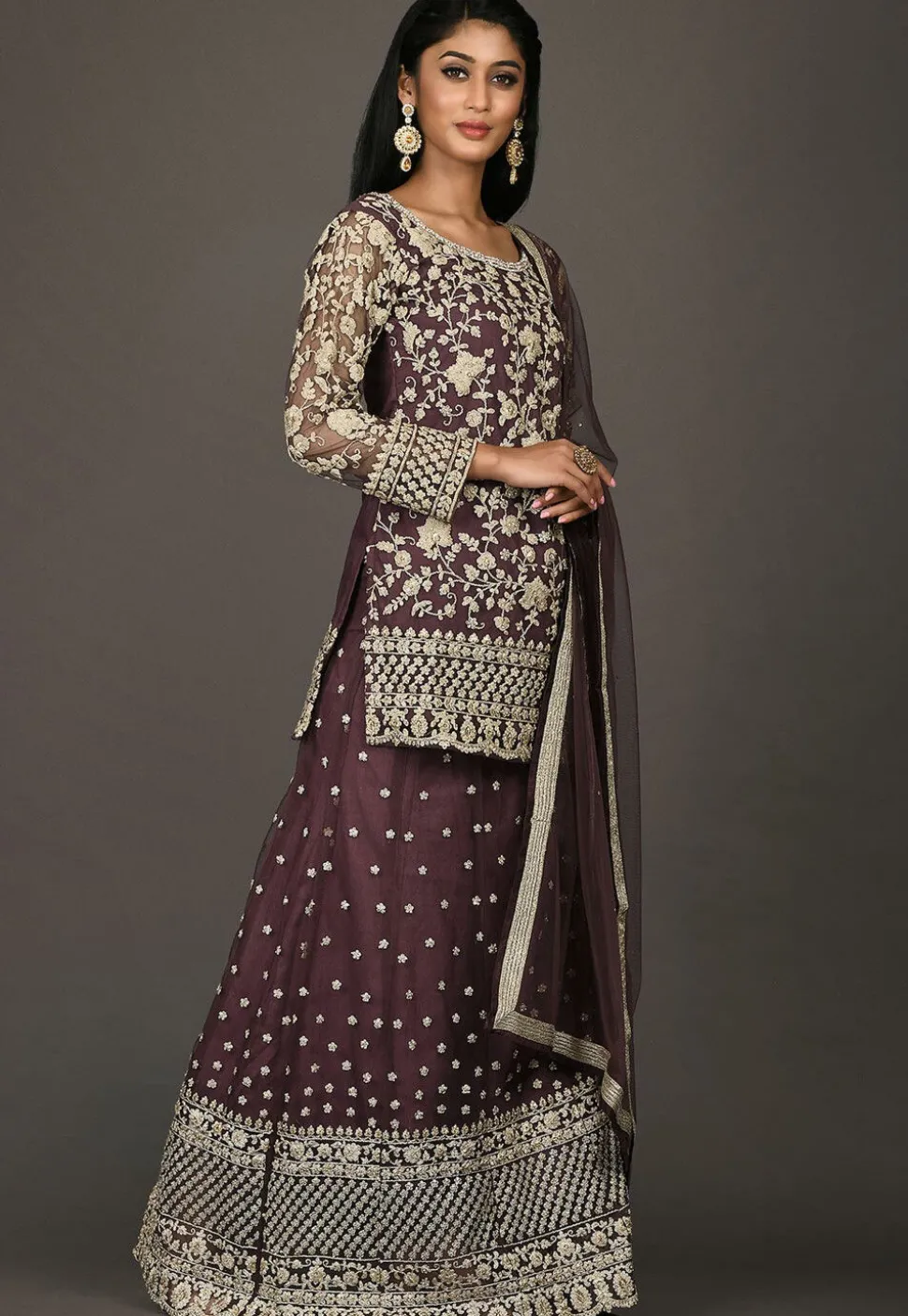 Embroidered Net Lehenga in Wine