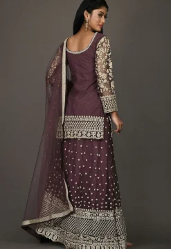 Embroidered Net Lehenga in Wine