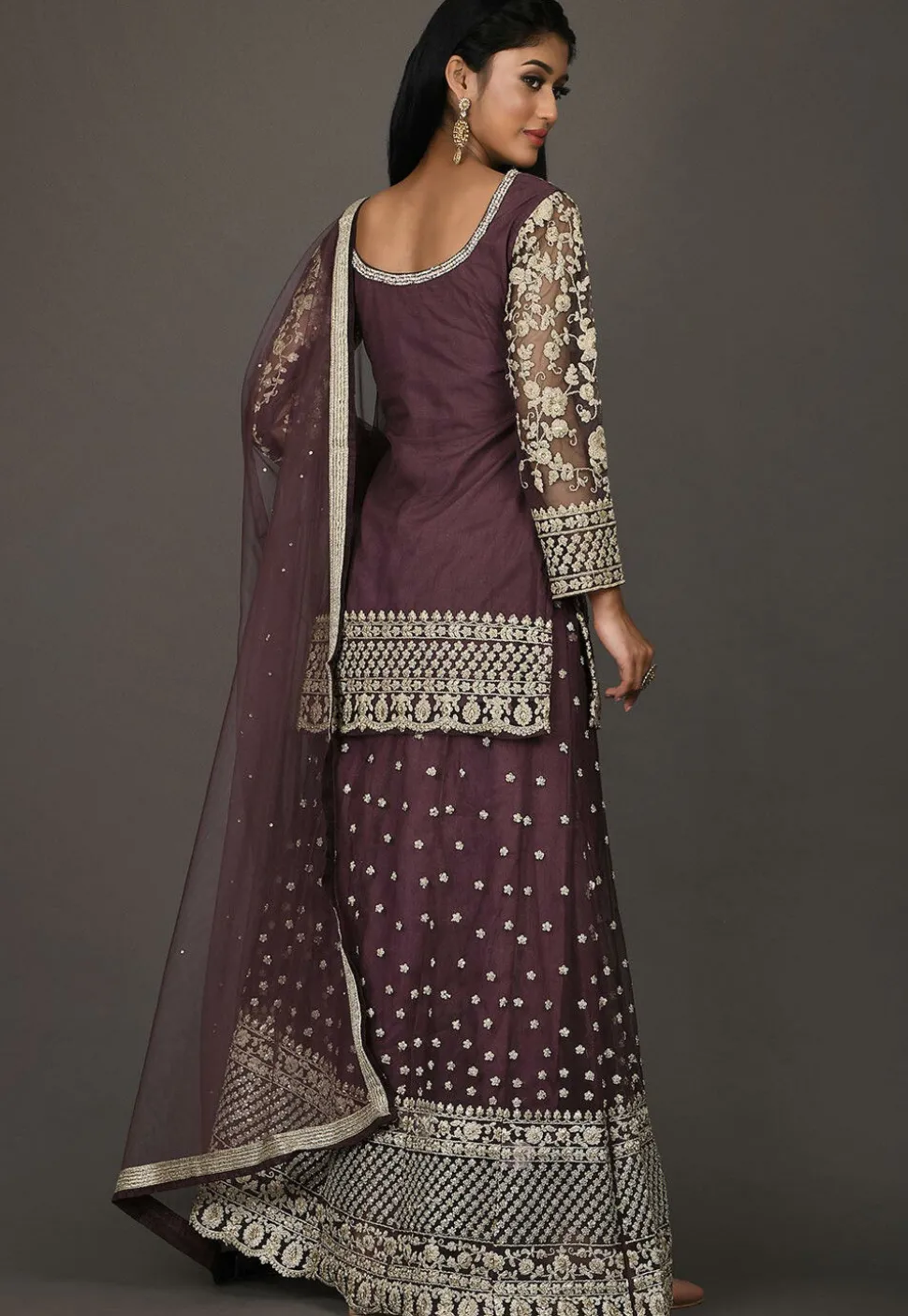 Embroidered Net Lehenga in Wine