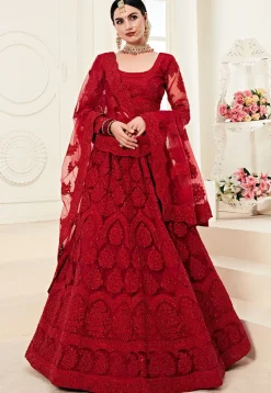 Embroidered Net Lehenga in Red