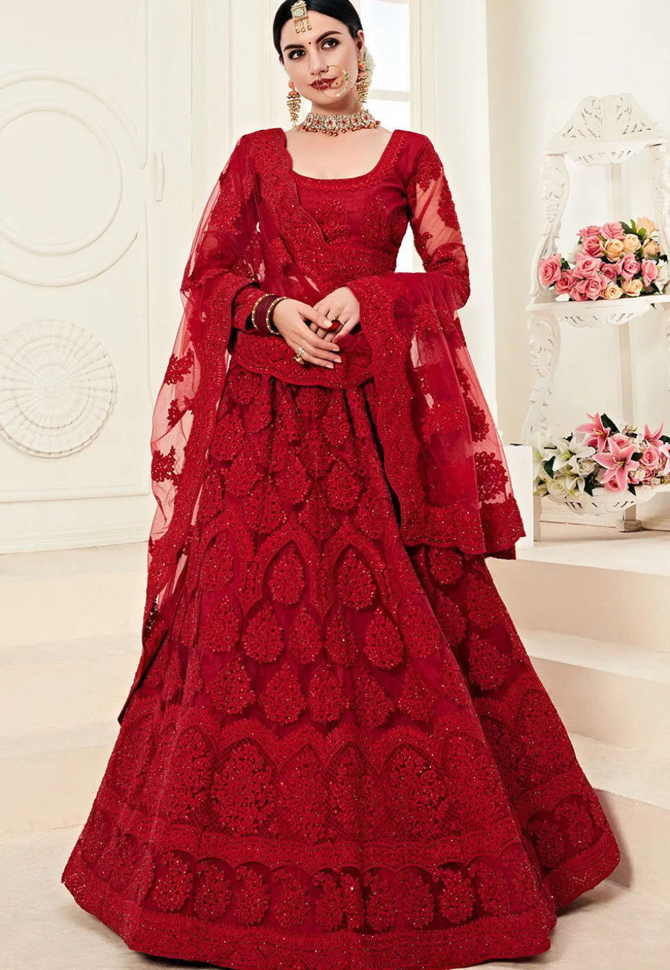 Embroidered Net Lehenga in Red