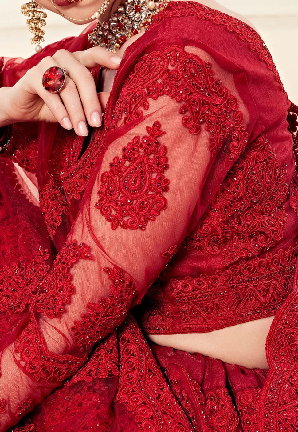 Embroidered Net Lehenga in Red