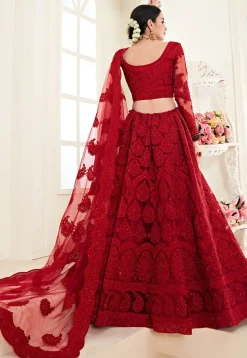 Embroidered Net Lehenga in Red