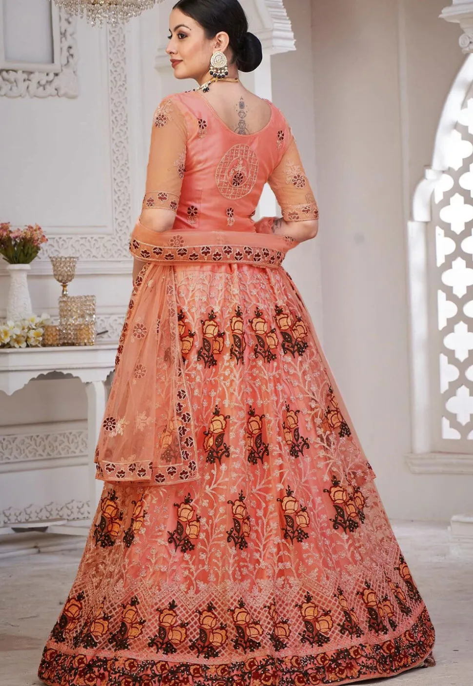 Embroidered Net Lehenga in Peach