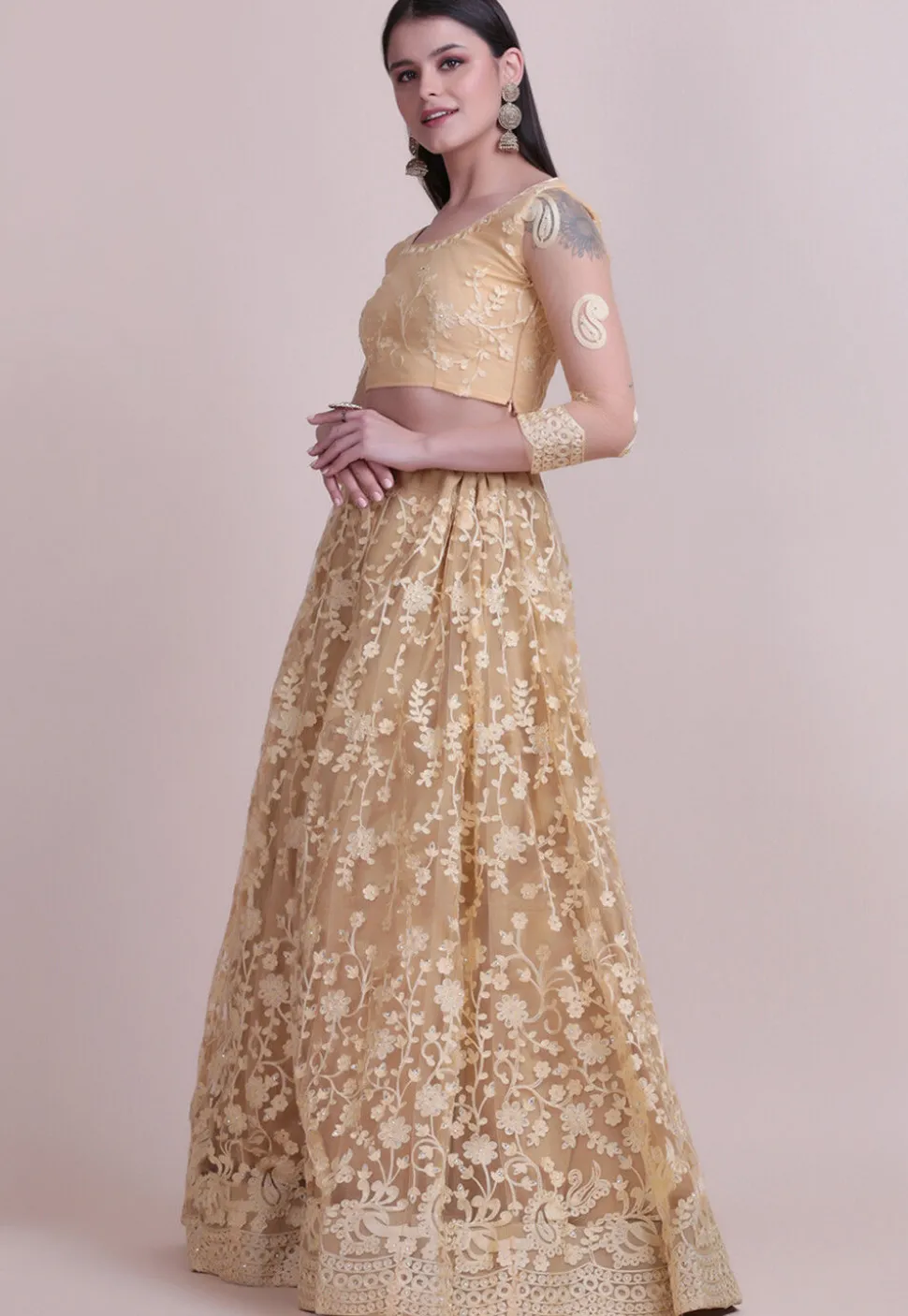 Embroidered Net Lehenga in Beige