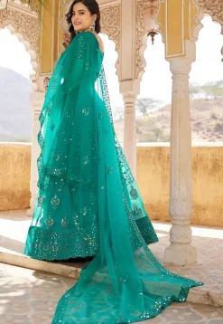 Embroidered Net Lehenga in Teal Green