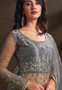 Embroidered Net Lehenga in Grey