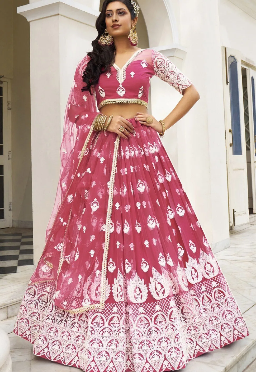 Embroidered Net Lehenga in Magenta