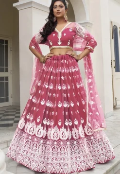 Embroidered Net Lehenga in Magenta