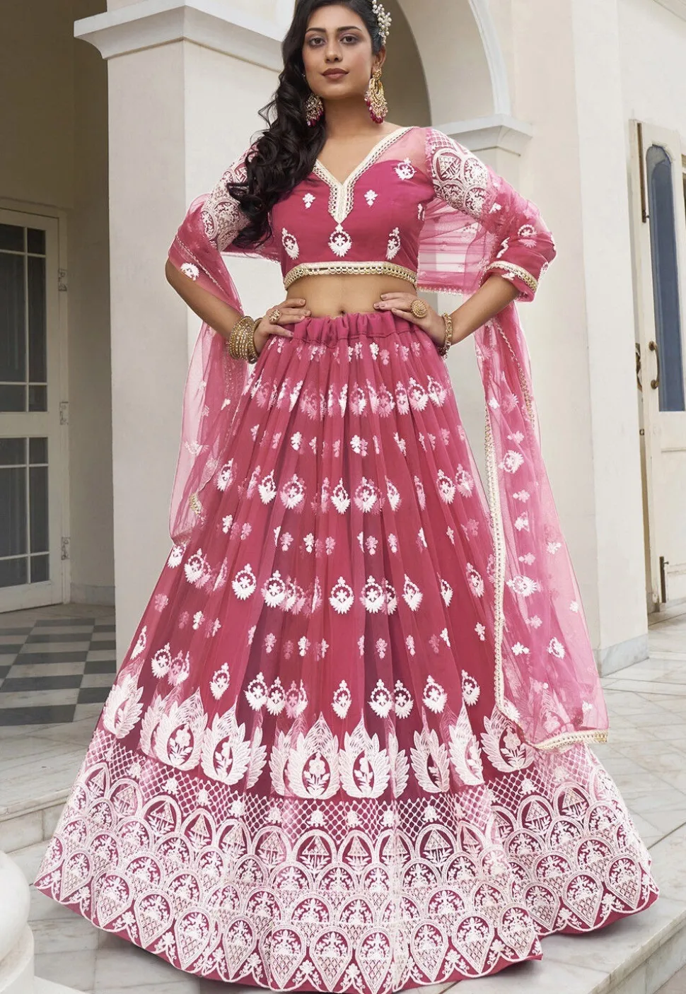 Embroidered Net Lehenga in Magenta