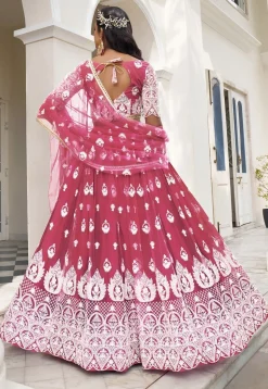 Embroidered Net Lehenga in Magenta