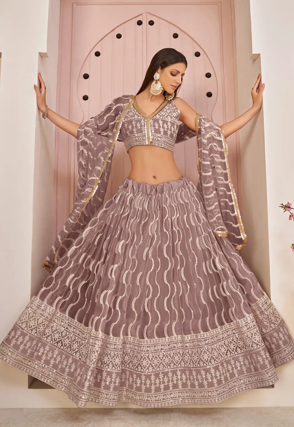 Embroidered Net Lehenga in Brown