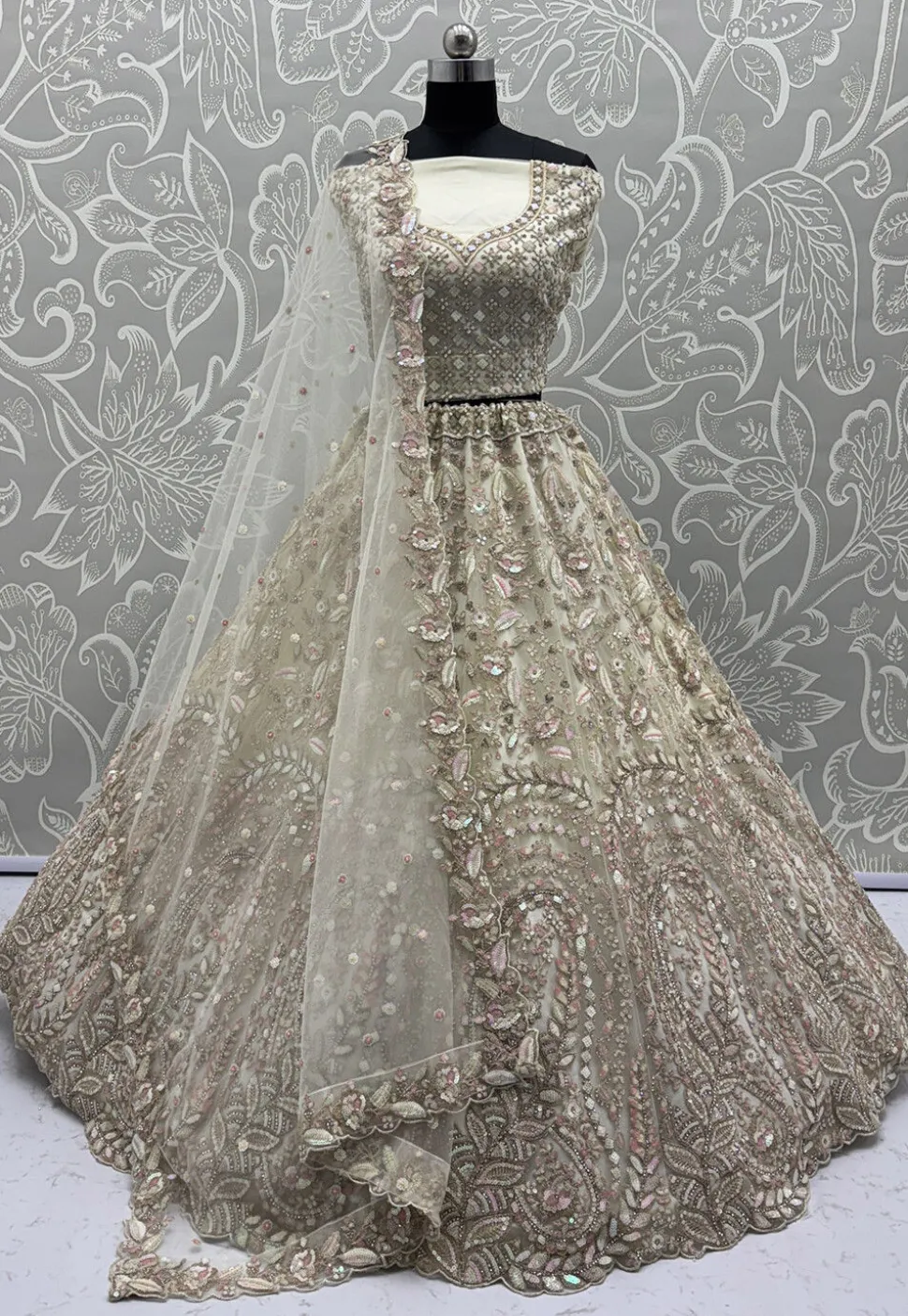 Embroidered Net Lehenga in Off White