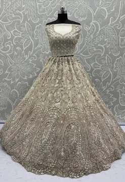 Embroidered Net Lehenga in Off White