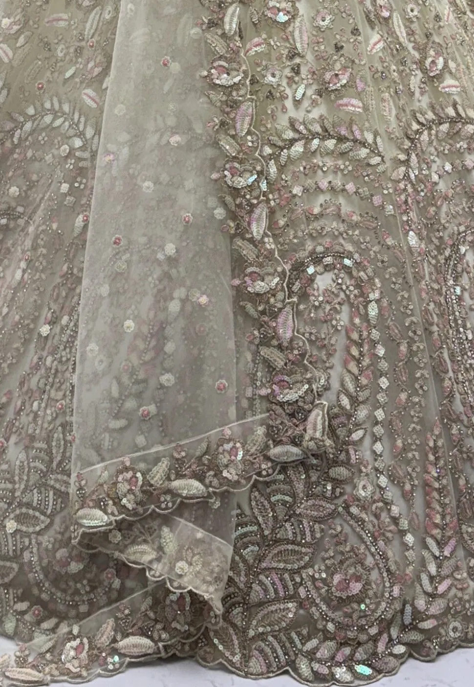 Embroidered Net Lehenga in Off White
