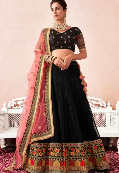 Embroidered Net Lehenga in Black